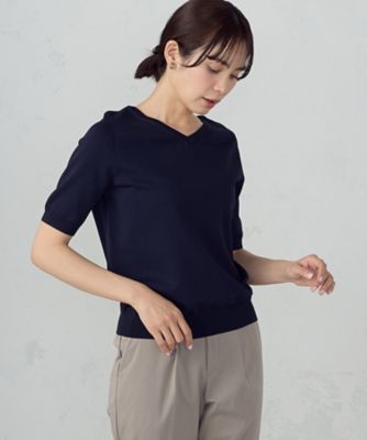 ウォッシャブル・UVカット】ベーシック 2WAYネック5分袖ニット