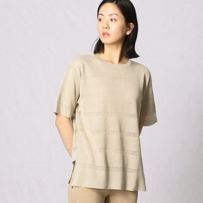 ＜BASILE28 (Women)＞〔＋サイズ〕透かしボーダー　半袖ニットプルオーバー（２８７１ＩＹ１９）