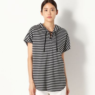 ＜COMME CA TALL (Women/大きいサイズ)＞〔ＴＡＬＬサイズ〕シルケット天竺ボーダー　レースアッププルオーバー（３４６０ＥＹ１８）