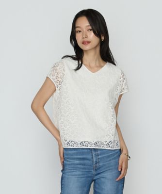〔　ＴＡＬＬサイズ　〕　リーフ柄ラッセルレース　ブラウス（３４７３ＨＫ１４）