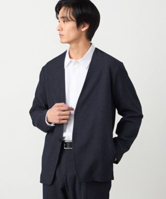 美品 FRAMeWORK 5 1/2 ノーカラーデニムジャケット 日本製 S セットアップ対応】デニムライクストレッチ ノーカラージャケット