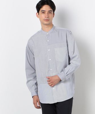 ＜COMME CA ISM (Men)＞ストライプコンビ　バンドカラーシャツ（長袖）（４７３０ＩＩ１０）