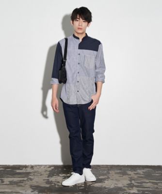 【極美品】KIMHEKIM × MO&Co 長袖シャツ ストライプ Mサイズ ストライプコンビ バンドカラーシャツ（長袖