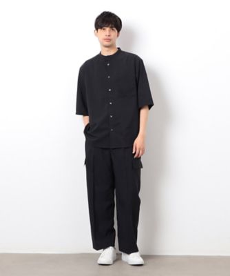 【セットアップ対応】リネンライク　ポリエステル　バンドカラー　５分袖シャツ（４７３０ＩＫ０８）