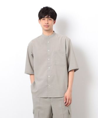 【セットアップ対応】リネンライク　ポリエステル　バンドカラー　５分袖シャツ（４７３０ＩＫ０８）