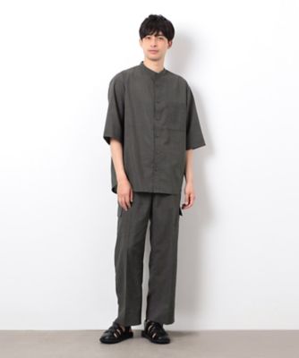 【セットアップ対応】リネンライク　ポリエステル　バンドカラー　５分袖シャツ（４７３０ＩＫ０８）