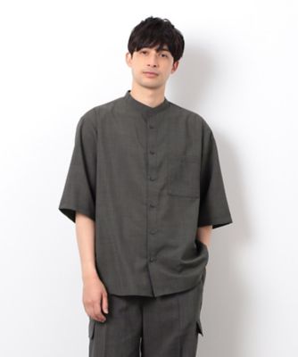 【セットアップ対応】リネンライク　ポリエステル　バンドカラー　５分袖シャツ（４７３０ＩＫ０８）