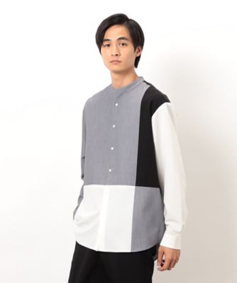 ＜COMME CA ISM (Men)＞ウールライク　バンドカラーブロッキング　長袖シャツ（４７３０ＩＭ０４）