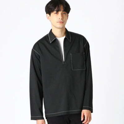 【264】シャツジャケット　　黒　ハーフジップ　和柄　ビッグサイズ
