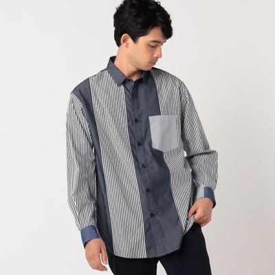 【ウォッシャブル】ストライプ×シャンブレー　コンビシャツ（４７３１ＩＡ０９）