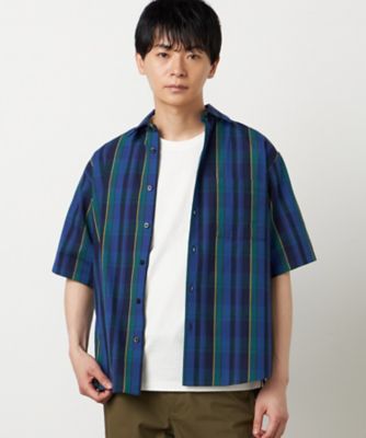 s*.様 AFB チェック柄 半袖シャツ ネイビー Mサイズ コットン マドラスチェック ショートポイント半袖シャツ