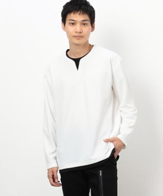 COMME CA ISM (Men)/コムサイズム タテ畝ストレッチポンチ  フェイクレイヤード キーネックTシャツ(長袖)(4760TI03)