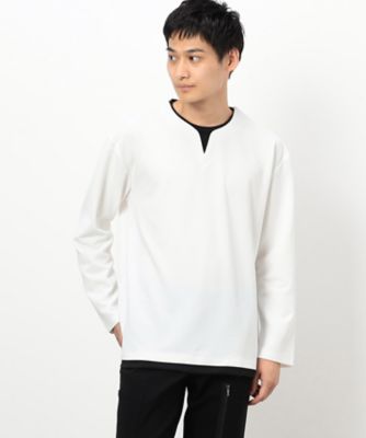タテ畝ストレッチポンチ　　フェイクレイヤード　キーネックＴシャツ（長袖）（４７６０ＴＩ０３）