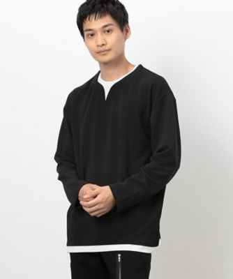 タテ畝ストレッチポンチ　　フェイクレイヤード　キーネックＴシャツ（長袖）（４７６０ＴＩ０３）