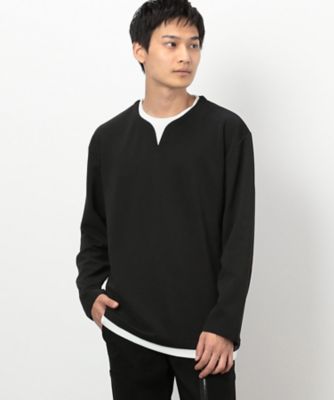 タテ畝ストレッチポンチ　　フェイクレイヤード　キーネックＴシャツ（長袖）（４７６０ＴＩ０３）