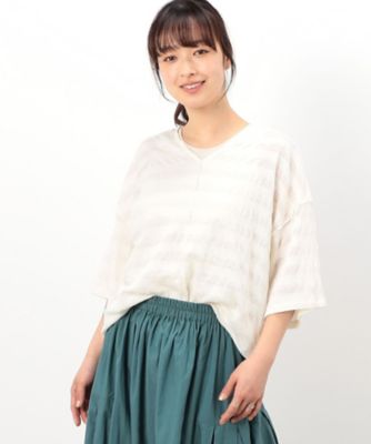 ＜COMME CA ISM (Women)＞シアーボーダー　ＶネックＴシャツ（５２６８ＣＧ８４）