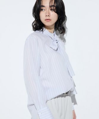 Sサイズ 〕 再生繊維（セルロース）ストライプ ボウタイブラウス 