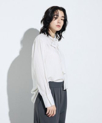 Sサイズ 〕 再生繊維（セルロース）ストライプ ボウタイブラウス 