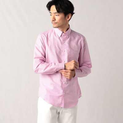 【SALE】コットン×リネン ギンガムチェックボタンダウンシャツ ピンク トップス