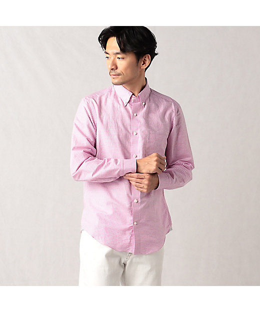 【SALE】コットン×リネン ギンガムチェックボタンダウンシャツ ピンク トップス