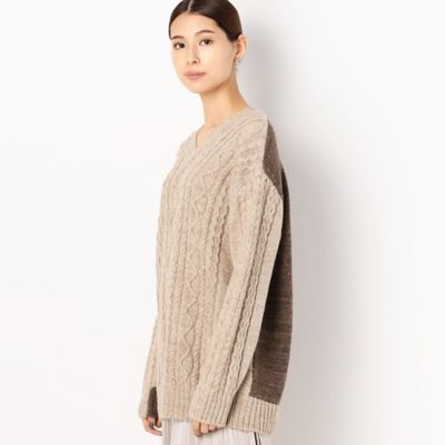 〔ＴＡＬＬサイズ〕ケーブル編み　チュニック丈Ｖネック　ニットプルオーバー（６７２６ＩＷ１６）