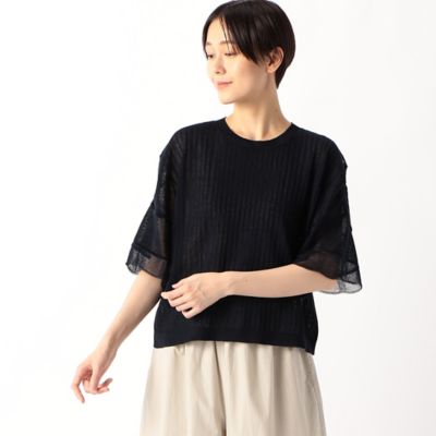〔　ＴＡＬＬサイズ　〕　ストライプ調シアーニット　ベルスリーブシアープルオーバー（６７３０ＩＧ０９）