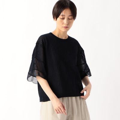 〔　ＴＡＬＬサイズ　〕　ストライプ調シアーニット　ベルスリーブシアープルオーバー（６７３０ＩＧ０９）