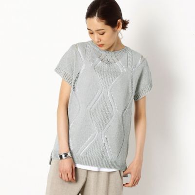 メタリックペーパーヤーンダイヤ柄フレンチスリーブセーター（７２３３ＩＹ１０）