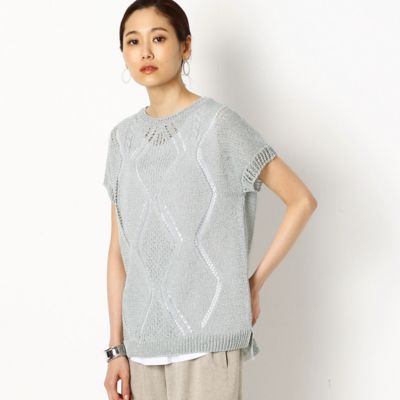 メタリックペーパーヤーンダイヤ柄フレンチスリーブセーター（７２３３ＩＹ１０）