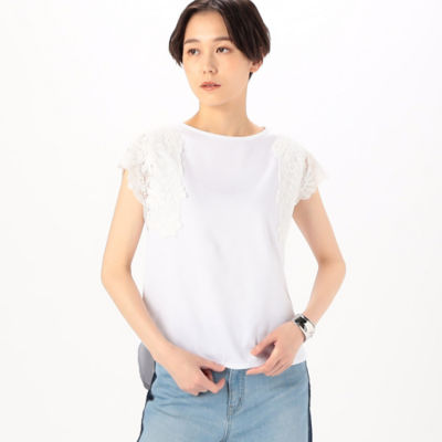 ＜COMME CA TALL (Women/大きいサイズ)＞〔　ＴＡＬＬサイズ　〕　コットンポンチ　ボタニカルレースモチーフＴシャツ（７６０１ＥＧ０４）