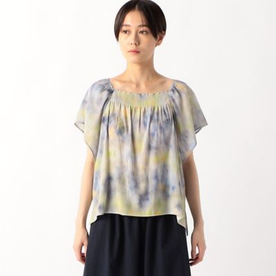 〔　ＴＡＬＬサイズ　〕　【セットアップ対応】強撚割繊アートプリント　タックブラウス（７６１９ＨＧ１０）