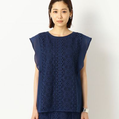 〔ＴＡＬＬサイズ〕【セットアップ対応】ジオメトリックフラワーケミカルレース　レース×ラミーちりめんフリルブラウス（７６２１ＨＹ１９）