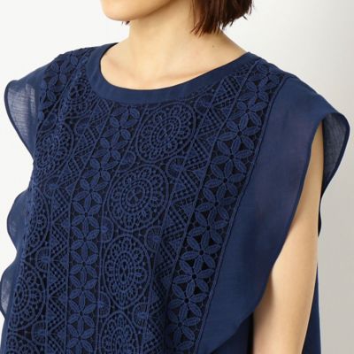 〔ＴＡＬＬサイズ〕【セットアップ対応】ジオメトリックフラワーケミカルレース　レース×ラミーちりめんフリルブラウス（７６２１ＨＹ１９）