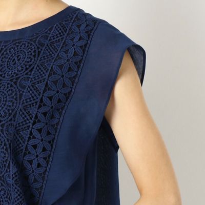 〔ＴＡＬＬサイズ〕【セットアップ対応】ジオメトリックフラワーケミカルレース　レース×ラミーちりめんフリルブラウス（７６２１ＨＹ１９）