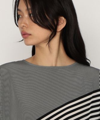 パネルストライプ ノーカラーブラウス（7705BK01） | β (Women