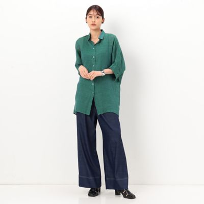 サイズ 〕 【洗える】リネンルポワン染シャンブレー 五分袖シャツ（7807HC02） | Gabardine K.T+ (Women/大きい ...