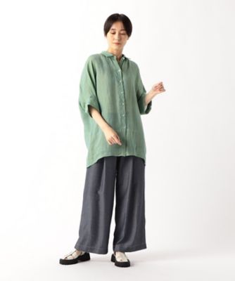 〔　＋サイズ　〕　リネン・ルポワン染シャンブレー　リネン五分袖シャツ（７８０７ＨＧ０３）
