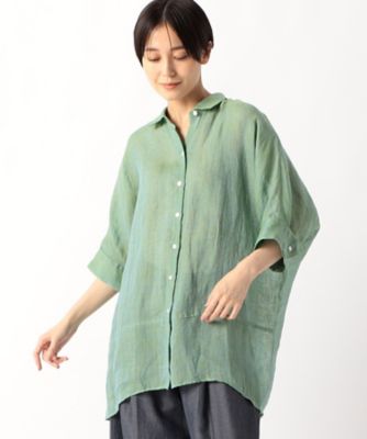 〔　＋サイズ　〕　リネン・ルポワン染シャンブレー　リネン五分袖シャツ（７８０７ＨＧ０３）