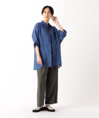 〔　＋サイズ　〕　リネン・ルポワン染シャンブレー　リネン五分袖シャツ（７８０７ＨＧ０３）
