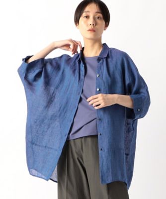 〔　＋サイズ　〕　リネン・ルポワン染シャンブレー　リネン五分袖シャツ（７８０７ＨＧ０３）