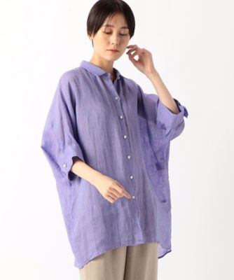 〔　＋サイズ　〕　リネン・ルポワン染シャンブレー　リネン五分袖シャツ（７８０７ＨＧ０３）