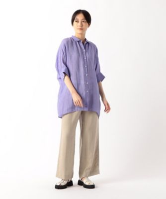 〔　＋サイズ　〕　リネン・ルポワン染シャンブレー　リネン五分袖シャツ（７８０７ＨＧ０３）