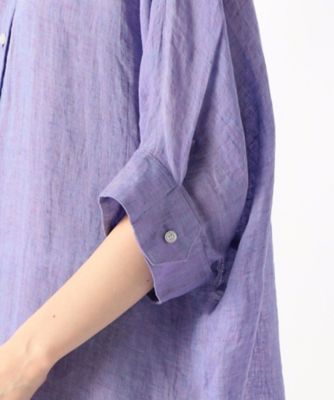 〔　＋サイズ　〕　リネン・ルポワン染シャンブレー　リネン五分袖シャツ（７８０７ＨＧ０３）