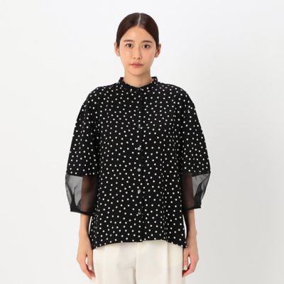 〔　＋サイズ　〕　バックサテンアムンゼン　シアー袖切り替えシャツ（７８２０ＨＥ０１）