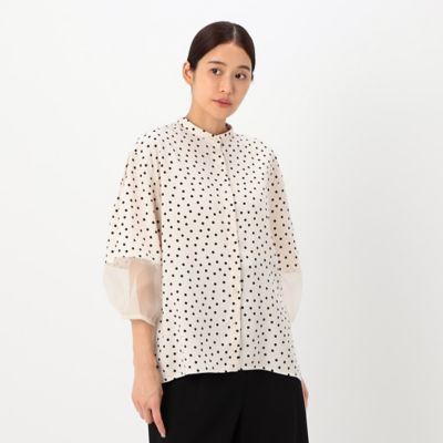 〔　＋サイズ　〕　バックサテンアムンゼン　シアー袖切り替えシャツ（７８２０ＨＥ０１）