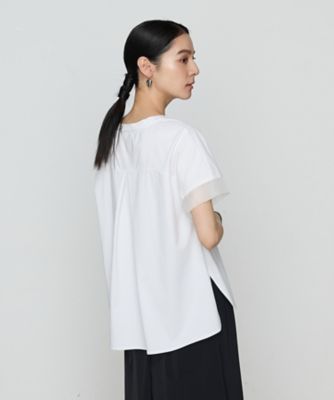 ＋サイズ 〕 プレーティング天竺 袖シアーTシャツ