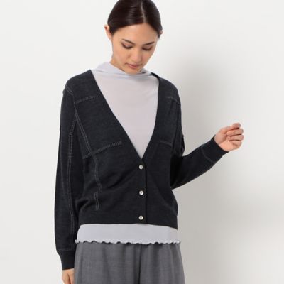 ＜Gabardine K.T+ (Women/大きいサイズ)＞〔＋サイズ〕【洗える】エキストラファインメリノウール　ラメステッチ柄　Ｖカーディガン（７８３０ＩＡ０１）
