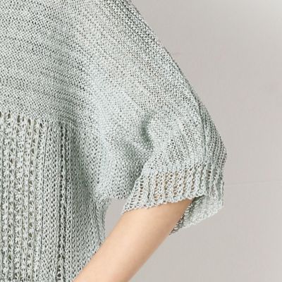 〔＋サイズ〕メタリックペーパーヤーン　レーシィストライプ柄ニット羽織（７８３３ＩＹ０９）
