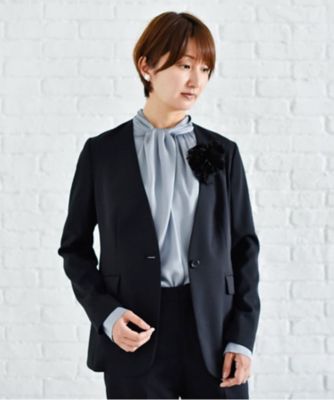 極美品✧︎ エムズグレイシー パール付きニットジャケット ノーカラー 黒 38 軽くて快適！】ウール混 ストレッチノーカラージャケット