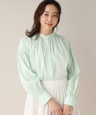 【SALE】リネン混 ギャザーデザインシャツ グリーン021 トップス